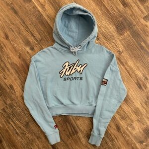Vintage 1990s Fubu Sports Women’s Light Blue Cropped Hoodie